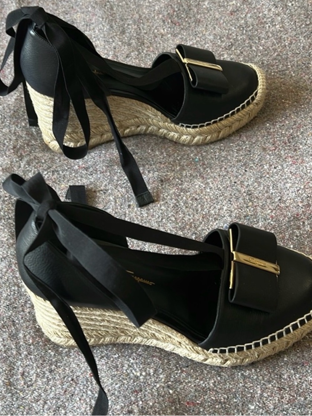 Salvatore Ferragamo Black Leather Geranio Espadrille Wedges with Ribbon Tie - Picture 4 of 10
